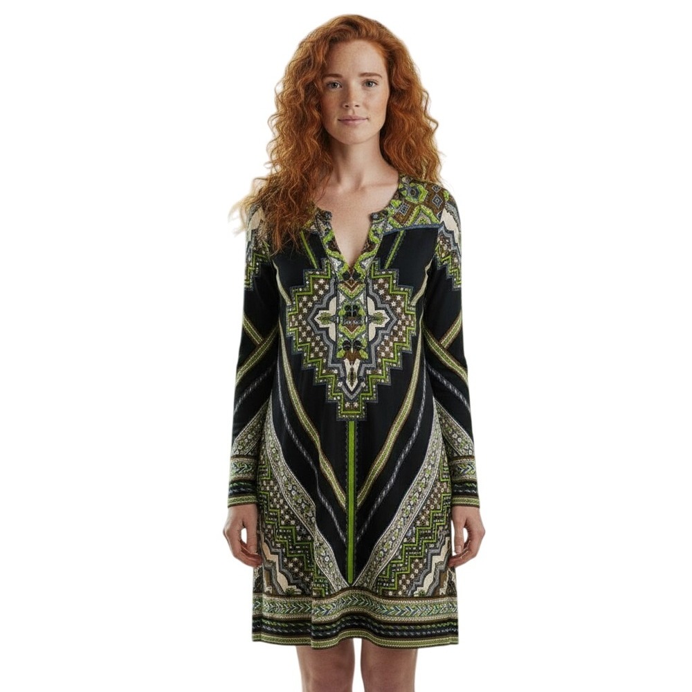 Hale Bob Womens Dress Sz Small Black Green Jersey Shift Whimsicore Cottagecore